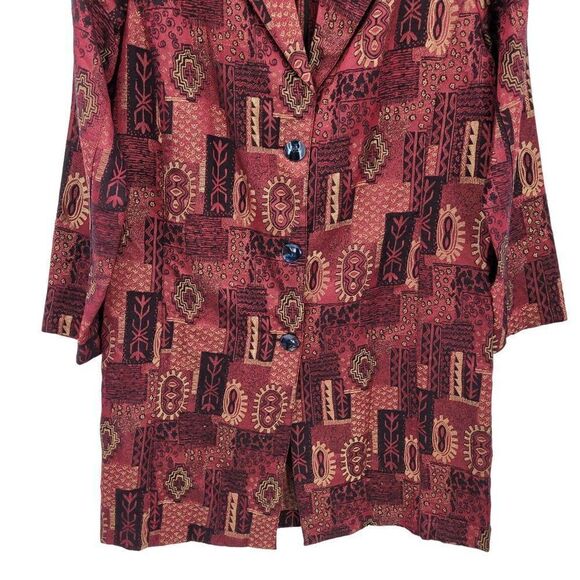 Vintage 80's Chico's Blazer Silk Duster Fashion Trench Red Metallic Print Size 1 - Picture 6 of 12